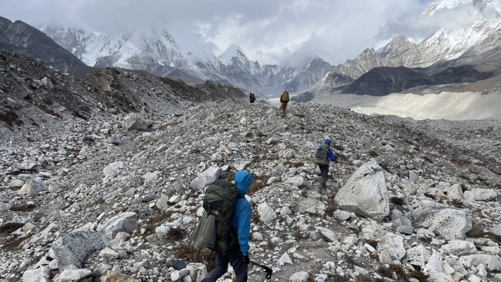 Hikers crossing the Khumbu Glacier