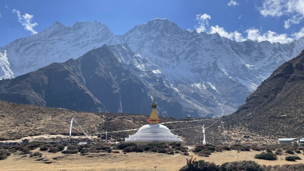 Stupa in front of mountains close to Thame in Nepal