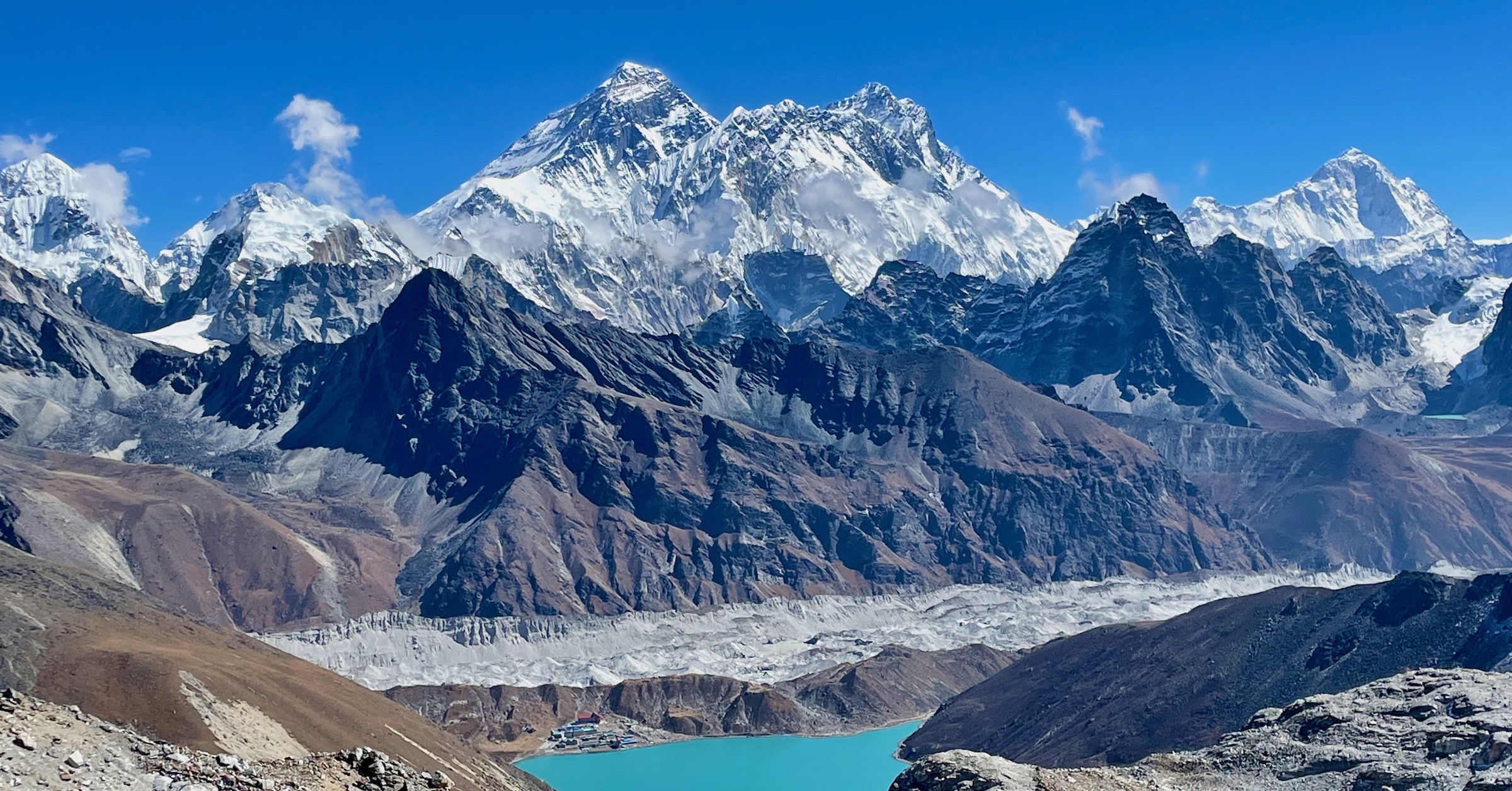 Mount Everest and Gokyo seen from Renjo La Pass in the Himalayas